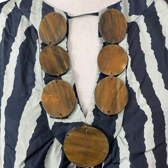 Tibi Silk Wooden Decor Blouse 6 navy white geometric cotton striped balloon - Picture 4 of 13